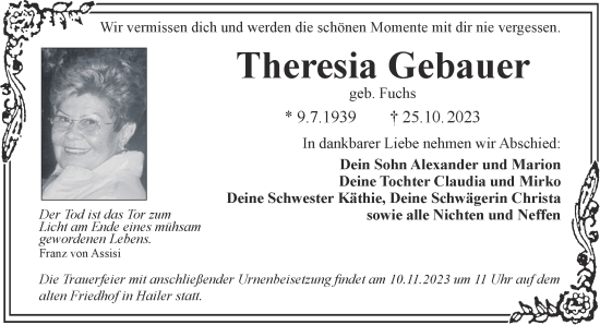 Traueranzeige von Theresia Gebauer von Gelnhäuser Neue Zeitung