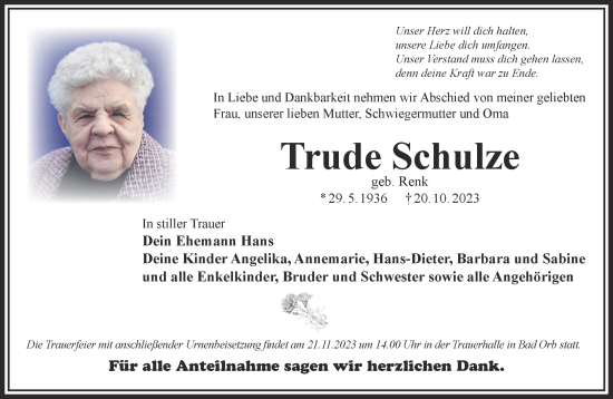 Traueranzeige von Trude Schulze von Gelnhäuser Neue Zeitung