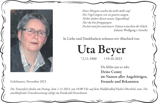 Traueranzeige von Uta Beyer von Gelnhäuser Neue Zeitung