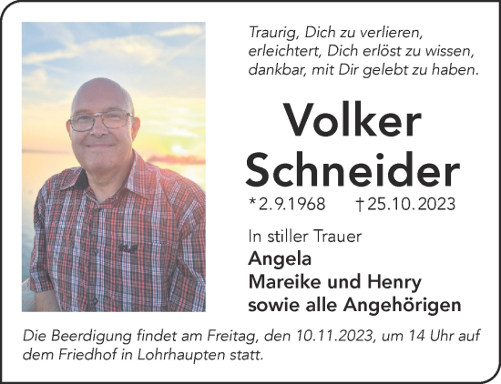 Traueranzeige von Volker Schneider von Mittelhessen-Bote