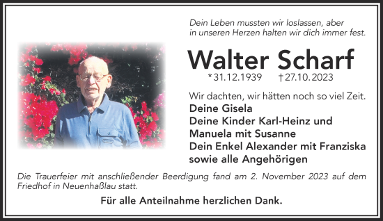 Traueranzeige von Walter Scharf von Mittelhessen-Bote