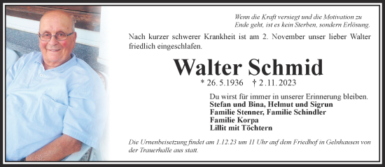 Traueranzeige von Walter Schmid von Gelnhäuser Neue Zeitung