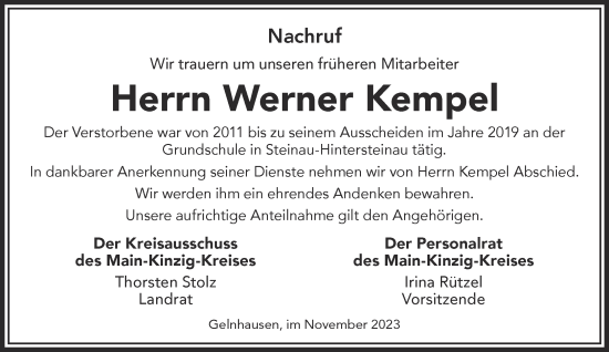 Traueranzeige von Werner Kempel von Mittelhessen-Bote