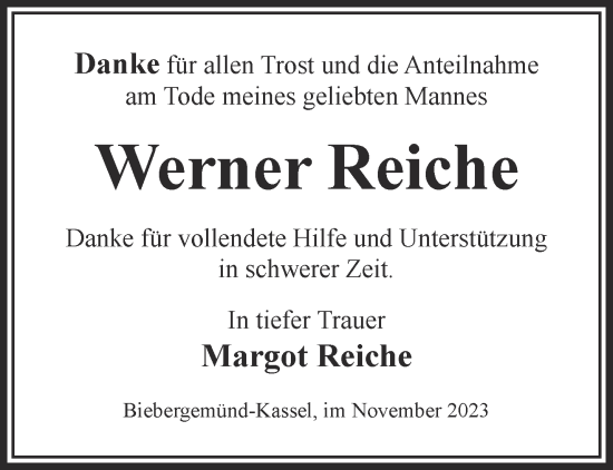 Traueranzeige von Werner Reiche von Mittelhessen-Bote