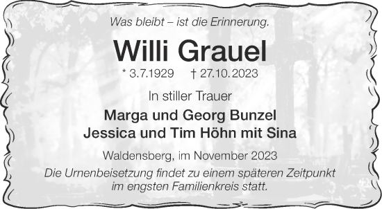 Traueranzeige von Willi Grauel von Gelnhäuser Neue Zeitung