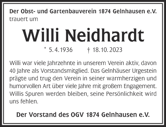 Traueranzeige von Willi Neidhardt von Gelnhäuser Neue Zeitung