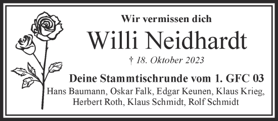 Traueranzeige von Willi Neidhardt von Gelnhäuser Neue Zeitung