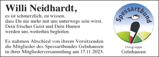 Traueranzeige von Willi Neidhardt von Gelnhäuser Neue Zeitung