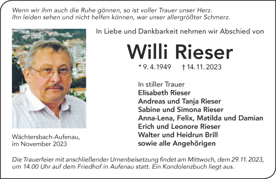 Traueranzeige von Willi Rieser von Gelnhäuser Neue Zeitung