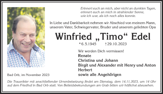 Traueranzeige von Winfried Edel von Gelnhäuser Neue Zeitung