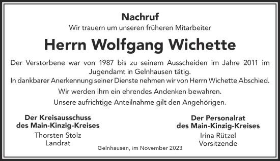 Traueranzeige von Wolfgang Wichette von Mittelhessen-Bote