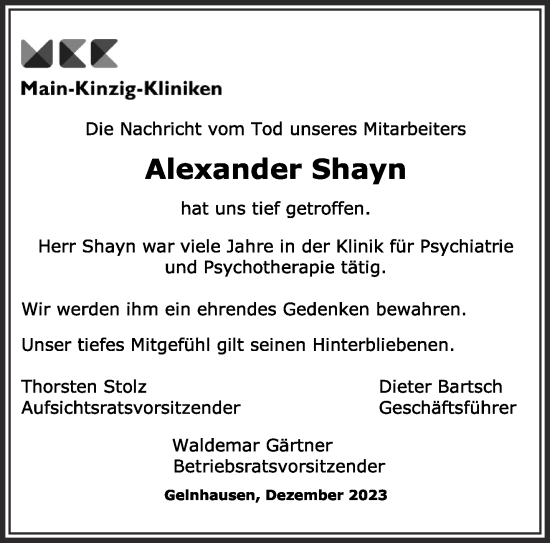 Traueranzeige von Alexander Shayn von Gelnhäuser Neue Zeitung