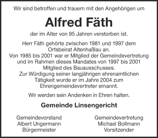 Traueranzeige von Alfred Fäth von Gelnhäuser Neue Zeitung