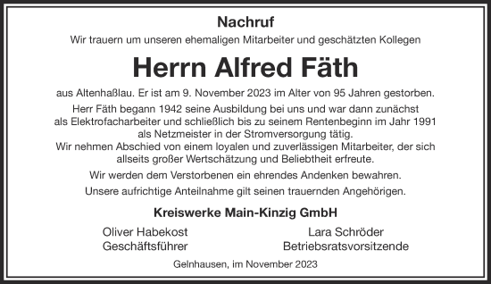 Traueranzeige von Alfred Fäth von Gelnhäuser Neue Zeitung