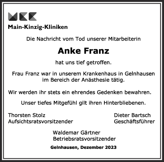 Traueranzeige von Anke Franz von Mittelhessen-Bote