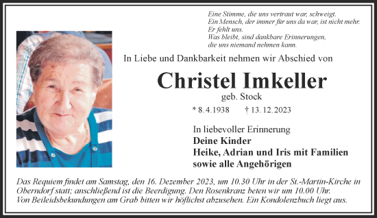 Traueranzeige von Christel Imkeller von Gelnhäuser Neue Zeitung