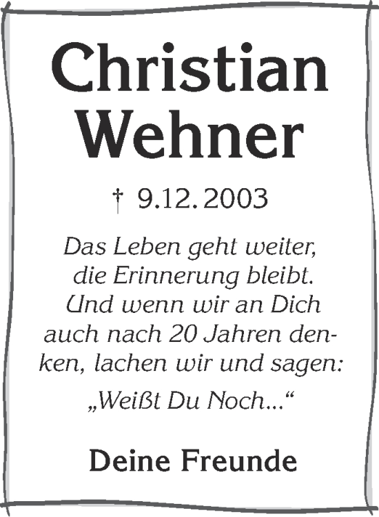 Traueranzeige von Christian Wehner von Gelnhäuser Neue Zeitung