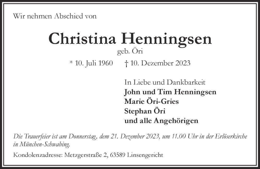  Traueranzeige für Christina Henningsen vom 16.12.2023 aus Gelnhäuser Neue Zeitung