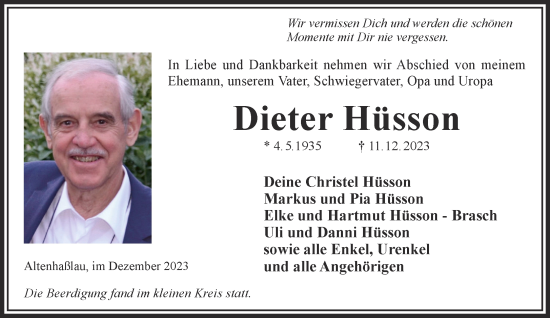 Traueranzeige von Dieter Hüsson von Gelnhäuser Neue Zeitung