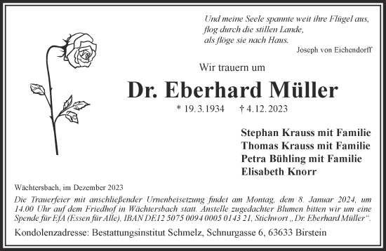 Traueranzeige von Eberhard Müller von Gelnhäuser Neue Zeitung