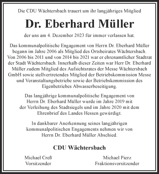 Traueranzeige von Eberhard Müller von Gelnhäuser Neue Zeitung