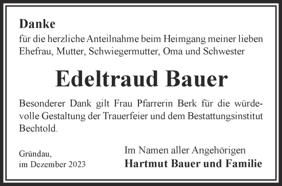 Traueranzeige von Edeltraud Bauer von Gelnhäuser Neue Zeitung