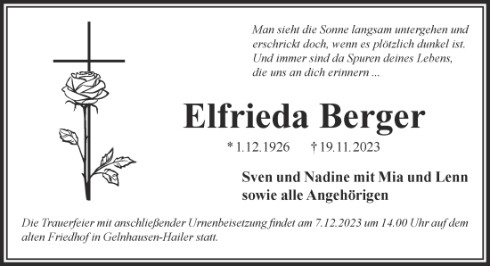 Traueranzeige von Elfrieda Berger von Gelnhäuser Neue Zeitung