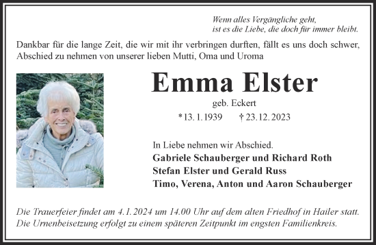 Traueranzeige von Emma Elster von Gelnhäuser Neue Zeitung