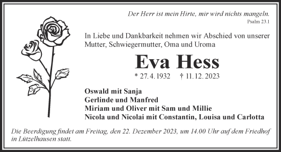 Traueranzeige von Eva Hess von Gelnhäuser Neue Zeitung