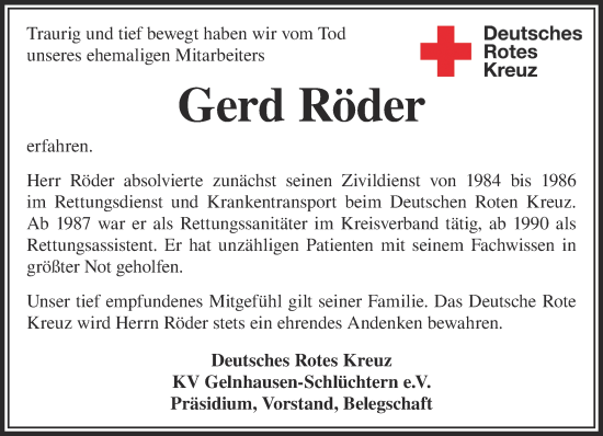 Traueranzeige von Gerd Röder von Gelnhäuser Neue Zeitung