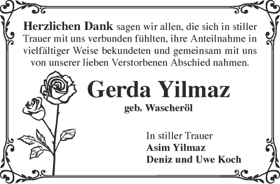 Traueranzeige von Gerda Yilmaz von Gelnhäuser Neue Zeitung