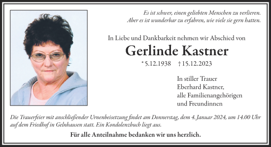 Traueranzeige von Gerlinde Kastner von Gelnhäuser Neue Zeitung