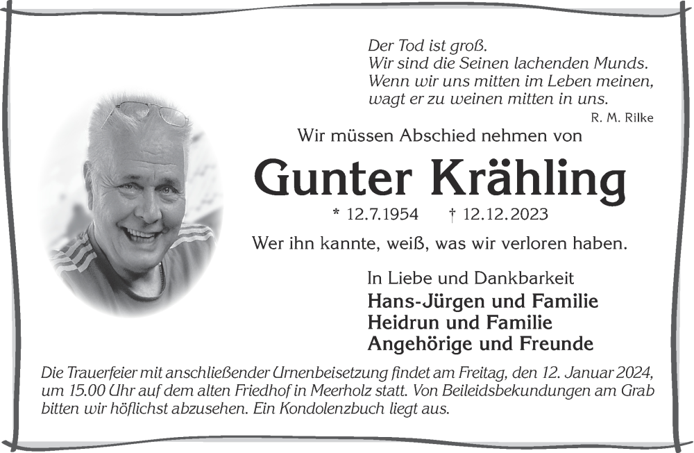  Traueranzeige für Gunter Krähling vom 30.12.2023 aus Gelnhäuser Neue Zeitung