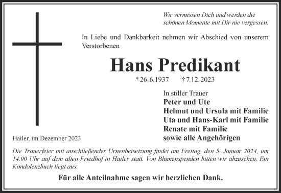 Traueranzeige von Hans Predikant von Gelnhäuser Neue Zeitung