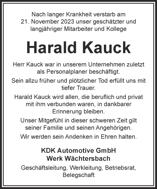 Traueranzeige von Harald Kauck von Gelnhäuser Neue Zeitung