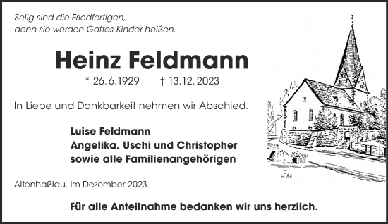 Traueranzeige von Heinz Feldmann von Mittelhessen-Bote