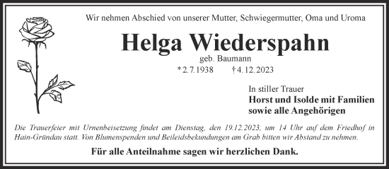 Traueranzeige von Helga Wiederspahn von Gelnhäuser Neue Zeitung