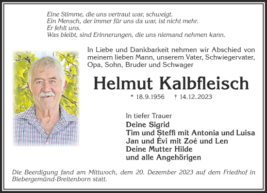 Traueranzeige von Helmut Kalbfleisch von Mittelhessen-Bote