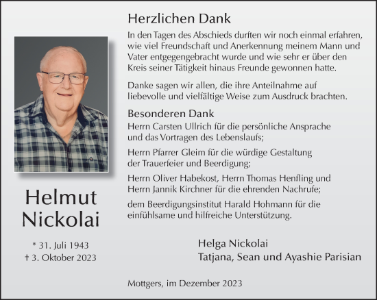 Traueranzeige von Helmut Nickolai von Gelnhäuser Neue Zeitung