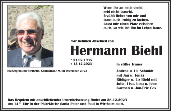 Traueranzeige von Hermann Biehl von Gelnhäuser Neue Zeitung