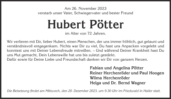 Traueranzeige von Hubert Pötter von Gelnhäuser Neue Zeitung