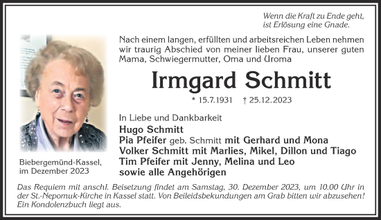 Traueranzeige von Irmgard Schmitt von Gelnhäuser Neue Zeitung