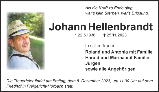 Traueranzeige von Johann Hellenbrandt von Gelnhäuser Neue Zeitung