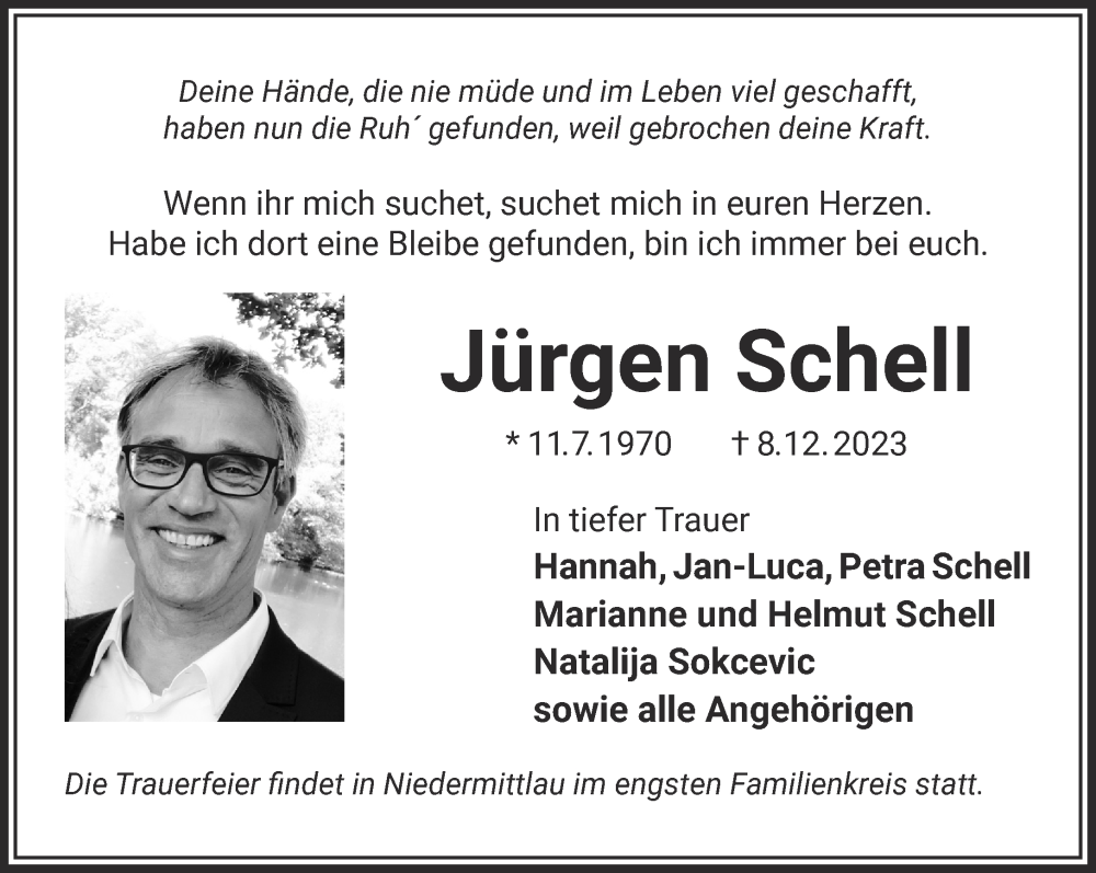  Traueranzeige für Jürgen Schell vom 16.12.2023 aus Gelnhäuser Neue Zeitung