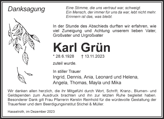 Traueranzeige von Karl Grün von Gelnhäuser Neue Zeitung