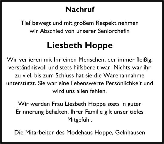 Traueranzeige von Liesbeth Hoppe von Gelnhäuser Neue Zeitung