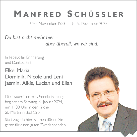 Traueranzeige von Manfred Schüssler von Gelnhäuser Neue Zeitung