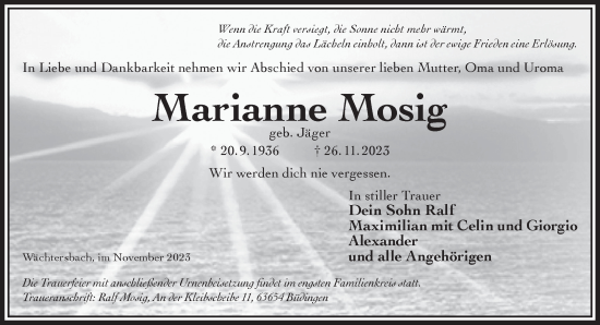 Traueranzeige von Marianne Mosig von Gelnhäuser Neue Zeitung