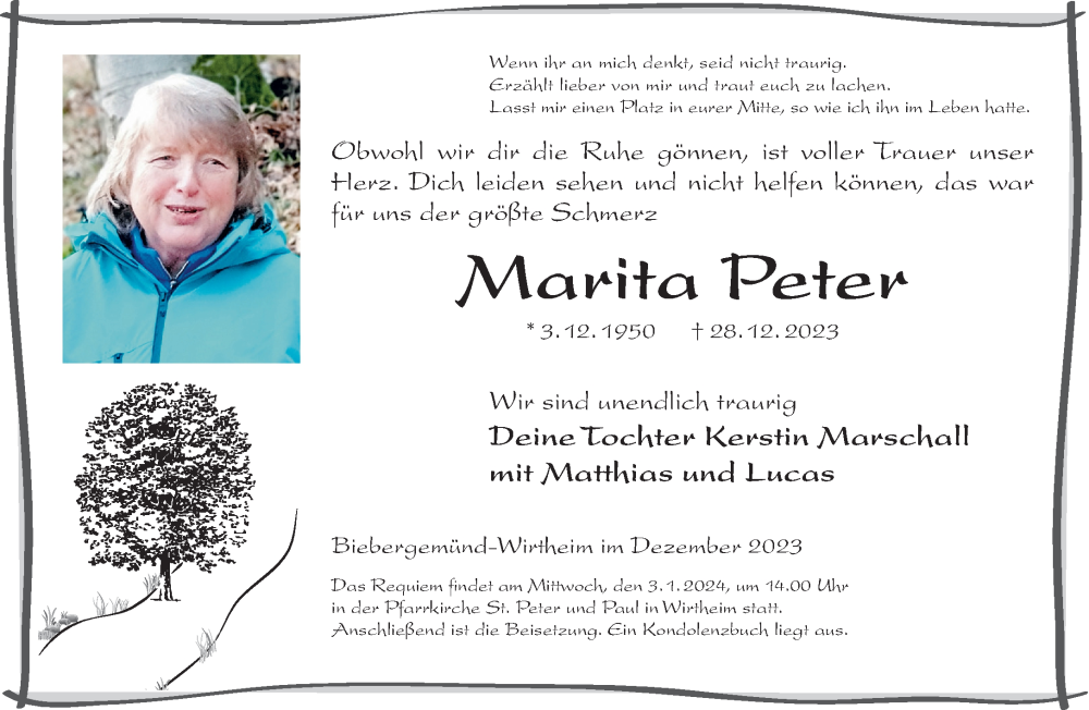 Traueranzeige für Marita Peter vom 30.12.2023 aus Gelnhäuser Neue Zeitung