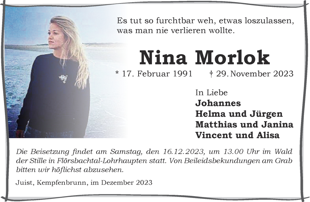  Traueranzeige für Nina Morlok vom 09.12.2023 aus Gelnhäuser Neue Zeitung